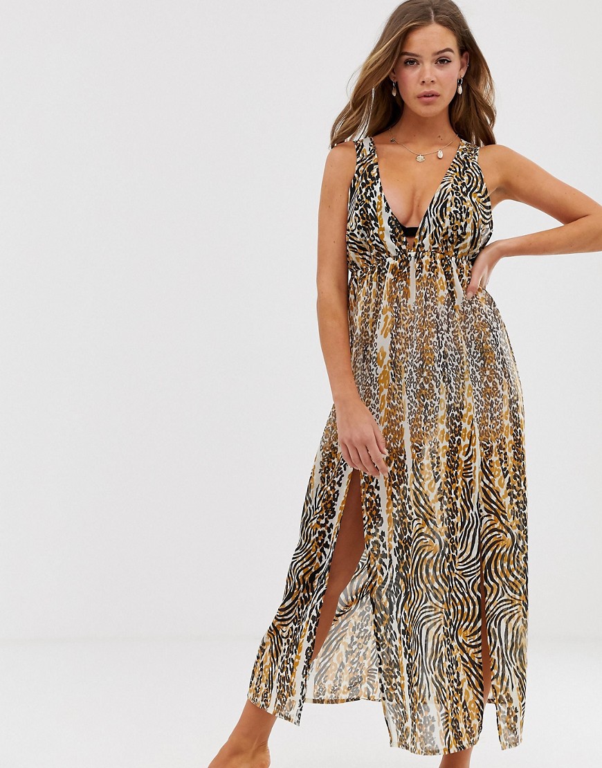 Пляжное платье макси с леопардовым принтом Influence-Мульти
