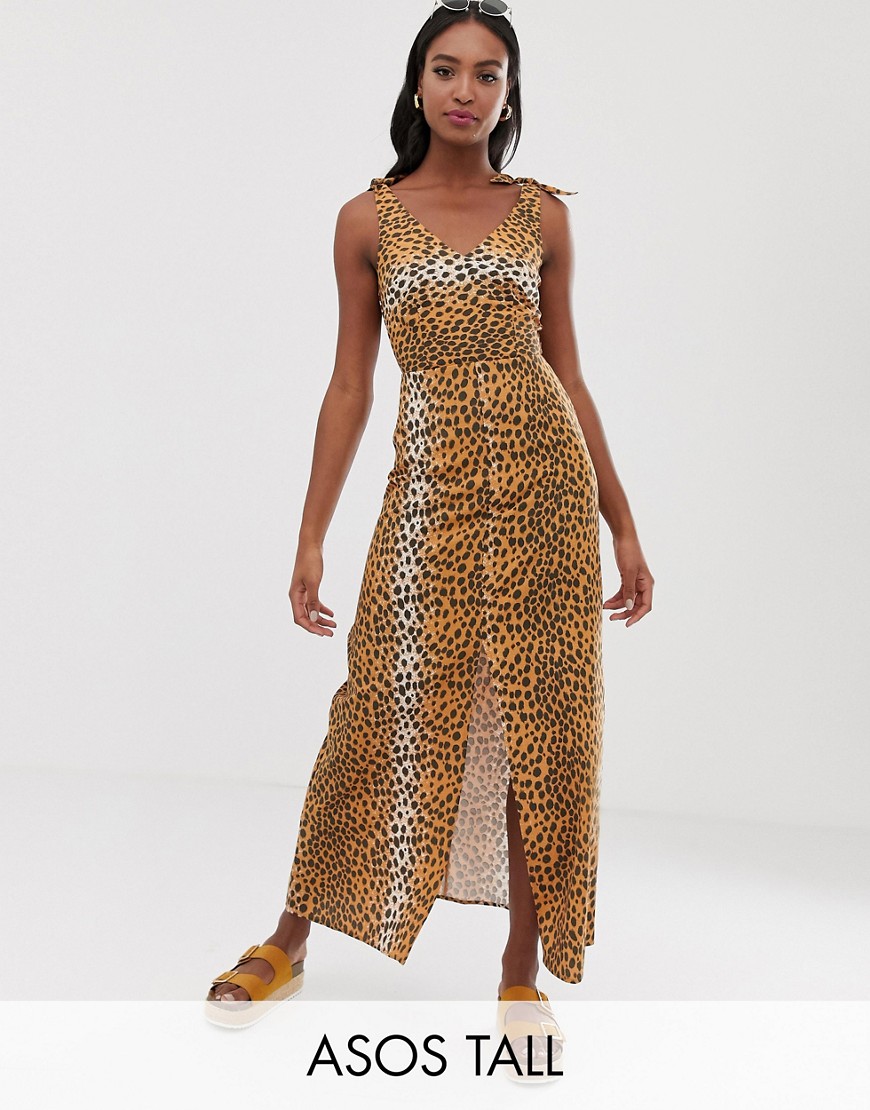 Льняное платье макси с леопардовым принтом и поясом на спине ASOS DESIGN Tall-Мульти